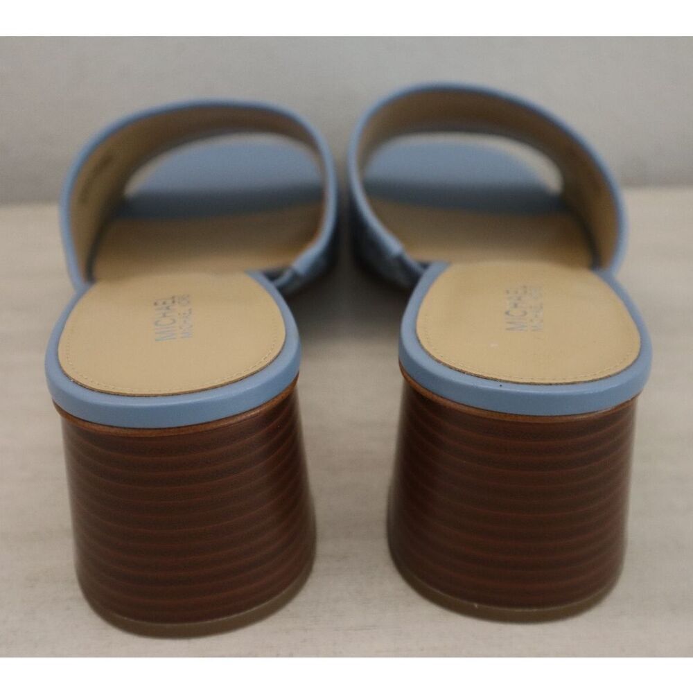 Michael Kors PV24K Women Sz 11M Blue Denim Logo Print Heeled Slides Sandals - Picture 2 of 10